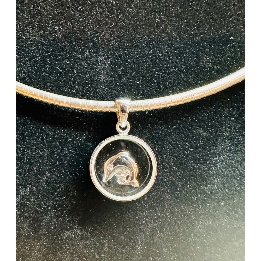 925 Sterling Silver Italian Snake Chain Necklace CZ Floating Dolphin Pendant 15"